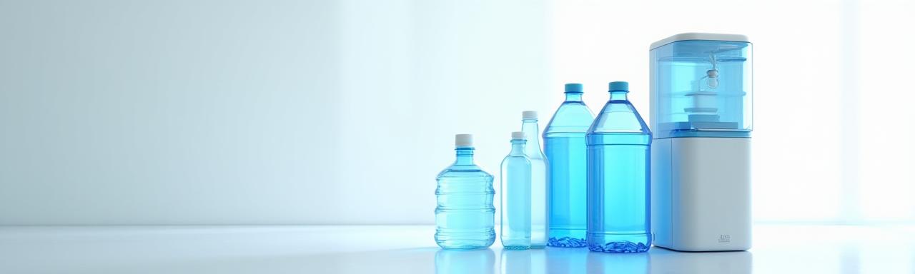 Row of sparkling clean water dispensers and bottles