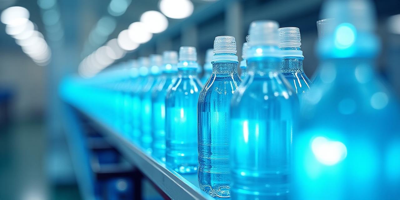 Close-up of purified water bottling line with crystal clear bottles