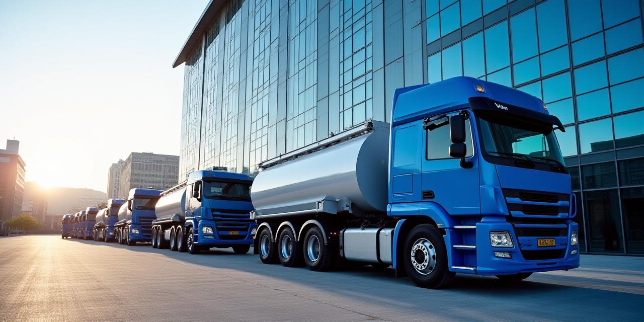 Large volume water delivery trucks parked outside a modern glass office building