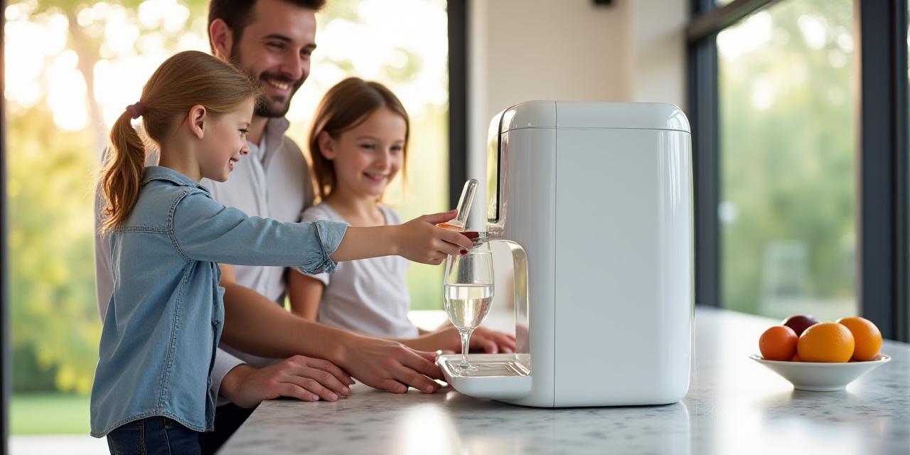 Happy family drinking fresh water in a modern bright kitchen